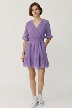 Sampeel Swiss Dot Dress Womens XL Purple V Neck Smocked Waist Ruffle Sleeve NWT